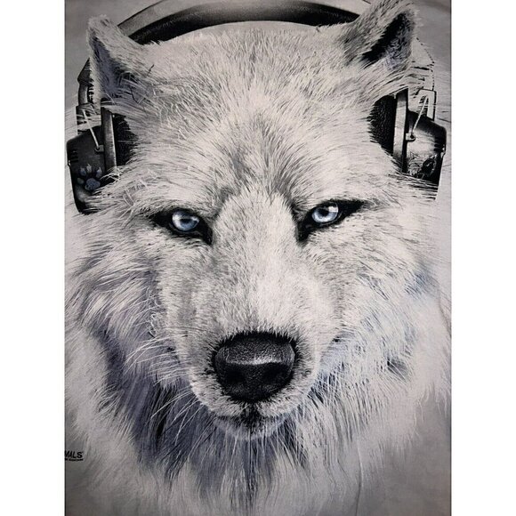 The Mountain White Wolf T-Shirt Manimals By The Mountain Wolf Wearing Headphones - Picture 2 of 6